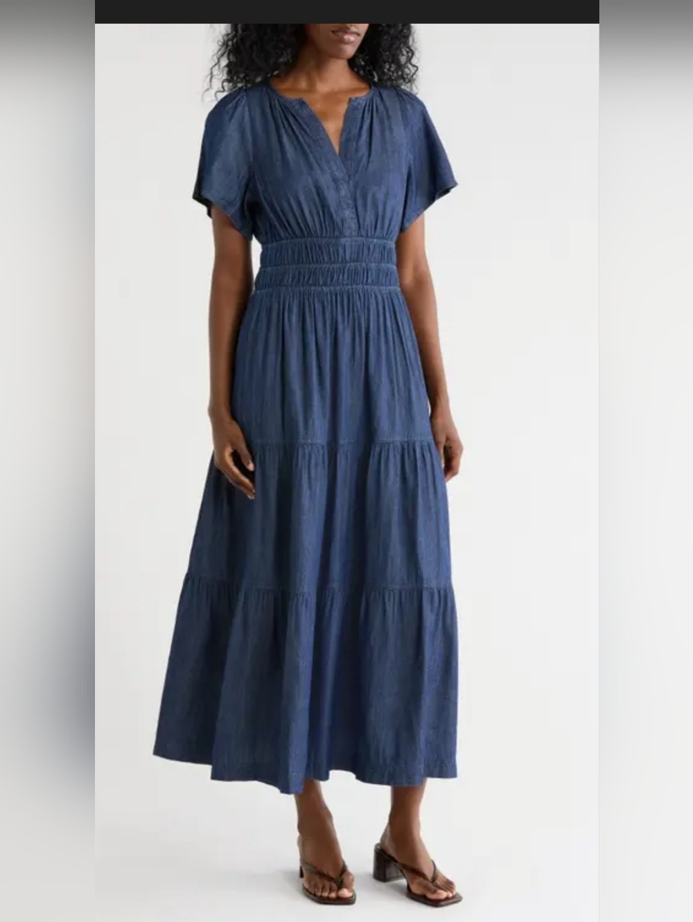 Size M  Stitchdrop Women's Blue Tiered Maxi Dress - Lightweight Smocked Waist